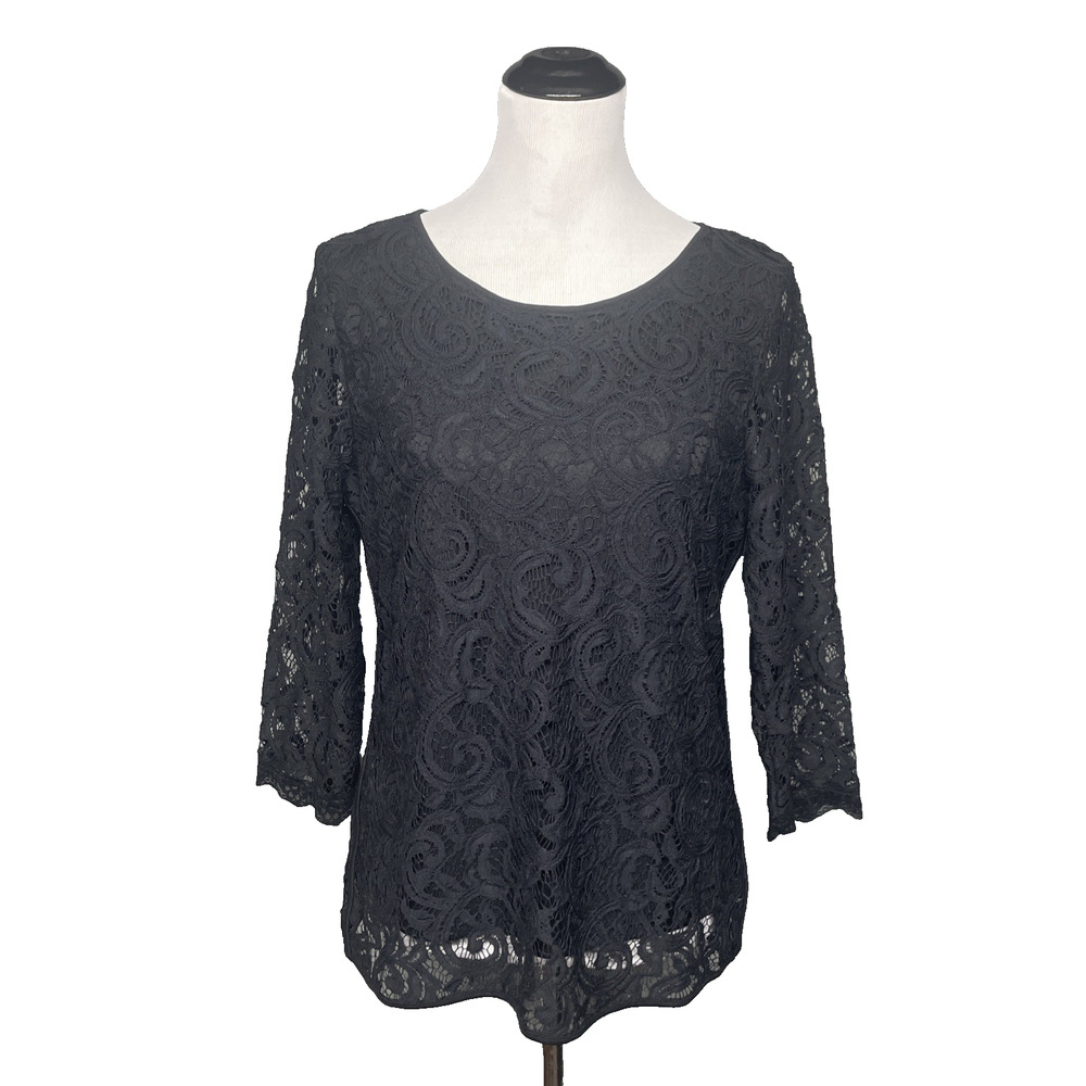 Adrianna Papell Womens Large Black Crochet Top Long Sleeve Lined Zip Back Formal